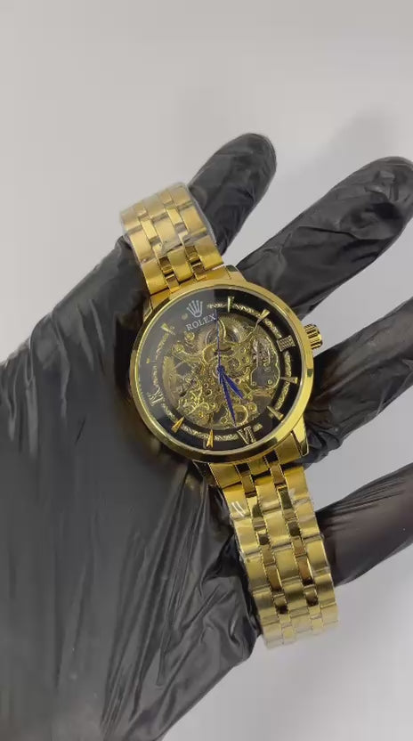 Rolex-Inspired Gold Skeleton Automatic Wrist Watch